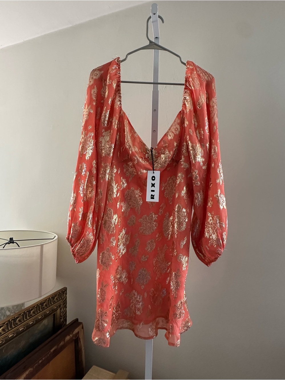 RIXO Coral Dress with Metallic Gold Floral Detail